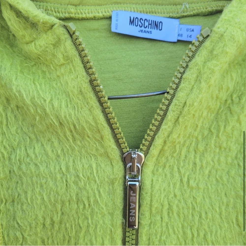 RARE Y2K 2000s Vintage Moschino Jeans Green Shag Quarter Zip Hood Crop Pullover - Picture 7 of 7